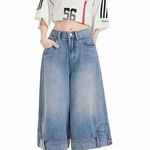 Women’s Wide Leg Baggy Denim Shorts Y2K Streetwear Vintage Washed Jean Bermuda Blue Size 31 Photo 0