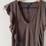 BCBGMAXAZRIA NWOT  ribbed ruffle sides top cap sleeve olive brown v-neck lyocell Photo 2