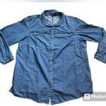 Eloquii  Blue Chambray Denim Ruffle Chest Long Sleeve Button Down Photo 0