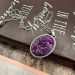 Vintage Purple Rose Pendant Necklace 60s Carved Resin Stainless Chain Photo 1