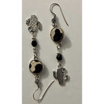 Silver Tone Black Tan Cow Hide Black Glass Cactus Dangle Earrings Handmade NEW Photo 3