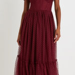 Lulus Sweet Amor Burgundy Tulle Swiss Dot Tiered Bustier Midi Dress Photo 0