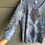 Jess & Jane Large 3/4 Sleeve V Fantasia Boho Tunic Artsy Rhinestone Top Blue USA Photo 5