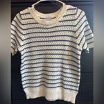 Staccato New  Navy and White Striped Short Sleeve Knitted Crochet Top Photo 3