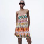 ZARA Geometric Print Straight Neck Strappy Embroidered Short Dress Size Small Photo 5