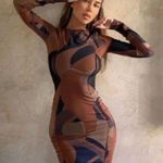 House Of CB 'Cassidy' Brown Mesh Printed Long Sleeve Midi Dress NWOT size M Photo 0