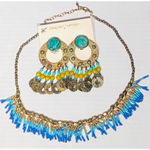 Vintage Gold Tone Beaded Fringe Tassel Necklace Earrings Set Photo 0