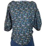 BURU Women XS Blue Floral Print Boat Neck Elbow Sleeve Button Cuff Top Boho Black Size XXS Photo 0