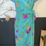 Vintage David Warren Bright Floral Wrap Dress ~ Size 6 💚🍄 Blue Photo 0