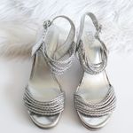 BCBGMAXAZRIA BCBG Paris Metallic Silver Faux Leather Woven Rope Strappy Cork Open Toe Wedges Photo 3