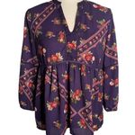 Mi ami Bohemian Baby Doll Blouse M Purple Floral V Neck Puff Sleeve Elastic Size M Photo 0