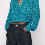 ROTATE‎ BIRGER CHRISTENSEN Aurelia Sequin Embellished blouse 10 Teal Cropped Blue Photo 0