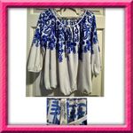 Perceptions PerSeption top blouse - petite large - blue and off white filigree pattern Photo 1