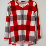 Suvimuga Women’s Long Sleeve V Neck Plaid Print Tee Shirt Red Grey & White NWOT Photo 0