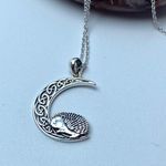 Sterling Silver Hedgehog  Celtic Crescent Moon Necklace Photo 0