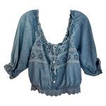 American Eagle  denim eyelet cropped Puff sleeve blouse small Photo 0