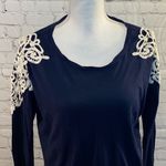 Forever 21  Cropped Navy Long Sleeve Tee with Crocheted Shoulders-Small Photo 1