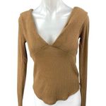 Free People We The Free Tan Ribbed Knit Long Sleeve V Neck Sweater Top Size M Photo 0