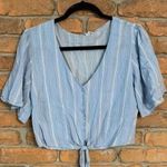 BP Top Women Medium Blue White Striped Tie-Front V-Neck Short Sleeve Blouse Crop Photo 0
