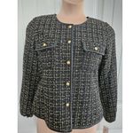 Nanette Lepore Black And Gold Tweed Blazer Faux Leather Piping Size 14 Jacket Photo 0