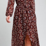 Lulus Art and Soul Burgundy Multi Print Long Sleeve High-Low Dress size Medium Photo 0