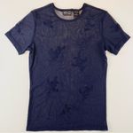 New York And Company Navy Blue Floral Mesh Sheer T-shirt Sexy Layering Medium Top Photo 0