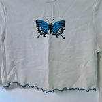SheIn Blue Butterfly Print White Mock-Neck Long Sleeve Crop Top Photo 6