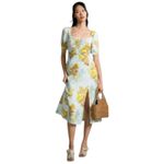 Anthropologie  The Vineyard Floral Satin Midi Dress Blue Yellow Puff Sleeve sz 4 Photo 3