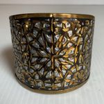 Vintage Brass Cuff Bracelet Gold & Silver Inlay Floral Mosaic Pattern Artisan Photo 3