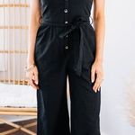 Billabong Ruffled Square Neckline Button Front Self Tie Belt Pockets Jumpsuit M Photo 0