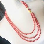 Handcrafted triple strand rose Czech glass pearl genuine ruby box clasp necklace Pink Photo 0