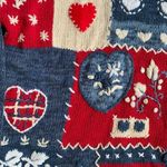 Vintage 90s Bright Red Blue Cardigan Round Neck Heart Floral Pattern Knit Large Photo 6