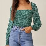 Reformation  Pinto Green Floral Smocked Square Neck Long Sleeve Crop Top Womens S Photo 0