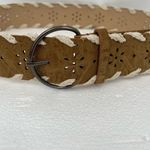 Women's belt large vegan leather crochet lace woven floral laser cut adjustable Tan Photo 1