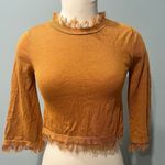 Honey Punch  Mustard Yellow Split Back Fringe Trimmed 3/4 Sleeve Blouse Size XS Photo 1