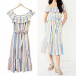 Draper James NWT  RSVP Midi Dress Size Large Off Shoulder Striped Cotton Ruffle Photo 14