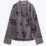 ZARA gray sequin floral embellished surplice wrap flowy long sleeve satin top Photo 1