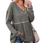 Waffle V Neck Tunic Peplum Flowy Swing Loose Long Sleeve Sweater Green S Photo 0