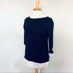 Loft Navy Blue Pullover Sweater with Faux White Shirt Sz M Petite Photo 2