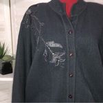 Vintage 80s 90s Gray Embroidered Knit Cardigan Floral Appliqué Medium Photo 7