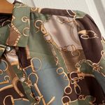 J. McLaughlin Silk Blend Equestrian Print Button Down Blouse Green Brown Small Photo 2