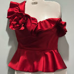 Muse Satin 3D Carnation Ruched Sweetheart neck one shoulder peplum Top NWT size0 Red Size 0 Photo 0