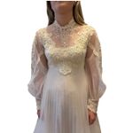 Vintage 1960s Lace Illusion High Neck Bridal Wedding Gown w/ Train XS White Photo 8