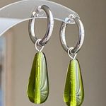 Handmade dark olive color teardrop Czech glass simple minimalist hoop earrings💚🫒 Photo 0