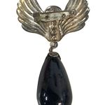 Vintage 3" Silver Tone Wings, Flower with Black Dangle Bead Brooch Silver Photo 3
