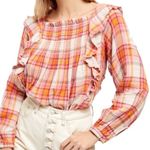 We The Free Free People Siena Plaid Long Sleeve Ruffle Top Cotton Size XS New w/Tag Photo 2
