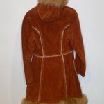 Vintage Rust Colored Suede Coat w/ Faux Fur Trim Snap Closure Sz XS Lined Hooded Photo 4