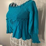 For Love & Lemons Blue Smocked Off The Shoulder Tiered Blouse Size S Babydoll Photo 3