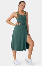 Women's Ribbed Knit Halter Tie Back Backless Ruched Drawstring Split Hem  Bodycon Midi Casual Dress - Halara