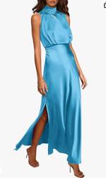 PRETTYGARDEN Women's Long Formal Satin Dress Mock Neck Sleeveless